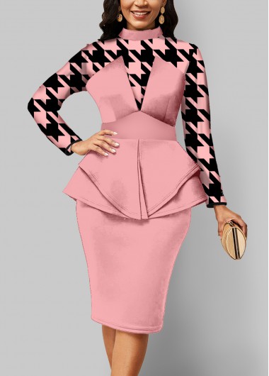 Rosewe Cocktail Party Dress Houndstooth Print Long Sleeve Mock Neck Pink Dress - M