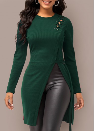 Rosewe Trendy Long Sleeve Lace Up Dark Green Sweater - XXL