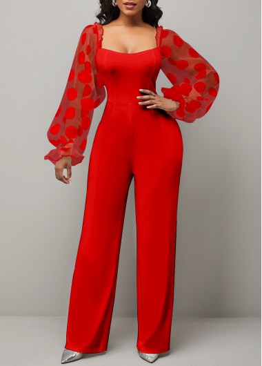 Rosewe Polka Dot Square Collar Mesh Stitching Red Jumpsuit - M
