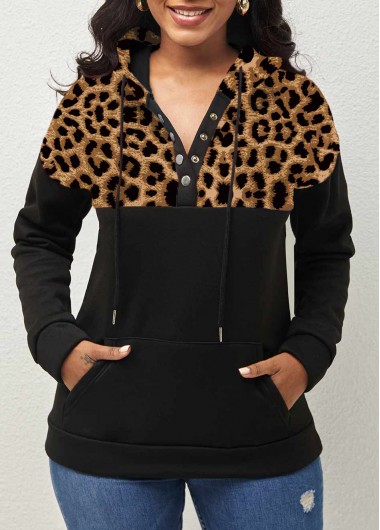 Rosewe Kangaroo Pocket Leopard Drawstring Black Hoodie - M