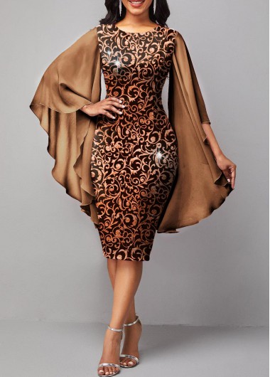 Rosewe Cocktail Party Dress Flare Sleeve Glitter Fabric Gold Brown Dress - M
