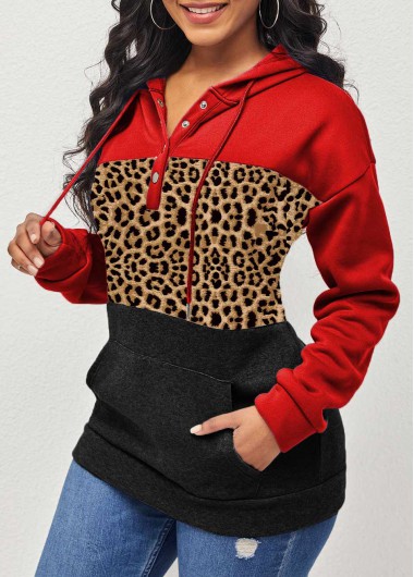 Rosewe Leopard Drawstring Brown Kangaroo Pocket Hoodie - S