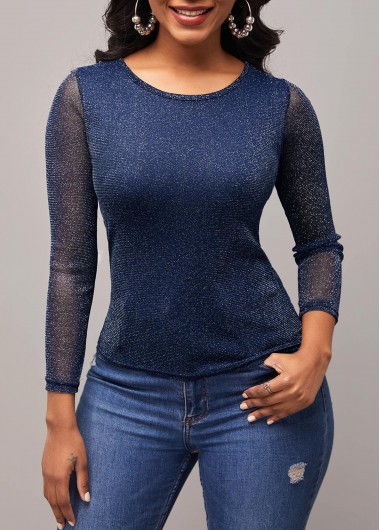 Rosewe Mesh Stitching Navy Blue Round Neck T Shirt - 3XL