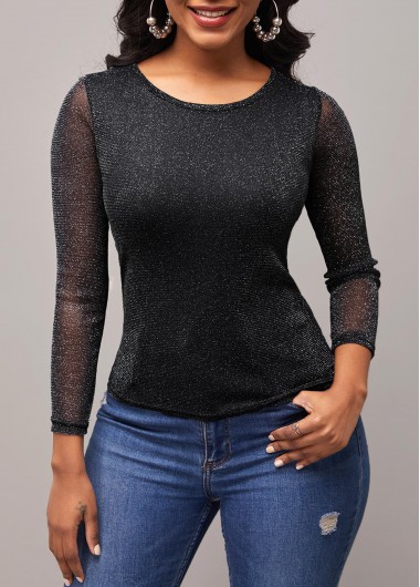 Rosewe Mesh Stitching Black Round Neck T Shirt - 3XL