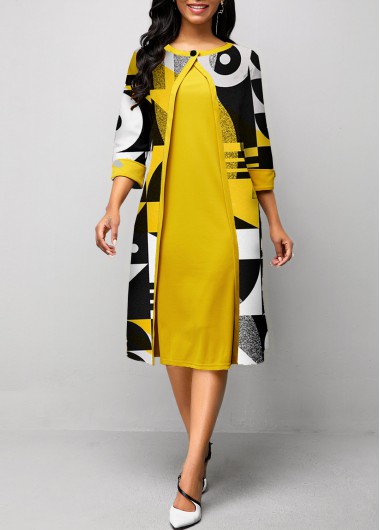 Rosewe 3/4 Sleeve Geometric Print Yellow Dress - S