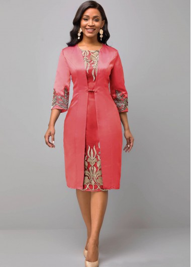 Rosewe Cocktail Party Dress Pink 3/4 Sleeve Lace Patchwork Round Neck Dress - M
