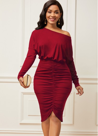 Rosewe Red Dresses Skew Neck Shirred Long Sleeve Red Dress - S