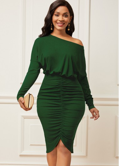 Rosewe Wedding Guest Dress Skew Neck Shirred Long Sleeve Green Dress - XXL