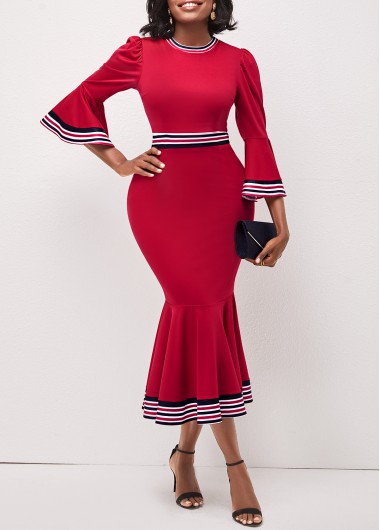 Rosewe Red Dresses Flare Sleeve Striped Red Mermaid Dress - M
