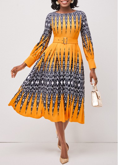 Rosewe Cocktail Party Dress Long Sleeve Geometric Print Round Neck Dress - M