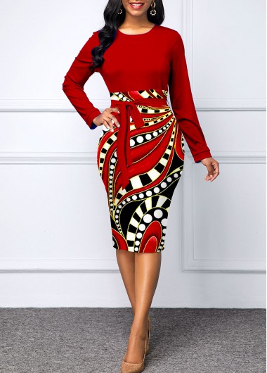 Rosewe Red Dresses Tribal Print Belted Round Neck Red Dress - S