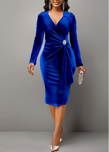 Rosewe Cocktail Party Dress Flounce Royal Blue Long Sleeve Velvet Dress - L