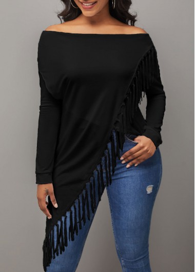 Rosewe Tassel Asymmetric Hem Black Off Shoulder T Shirt - XL