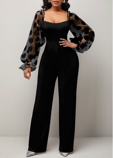 Rosewe Polka Dot Square Collar Mesh Stitching Black Jumpsuit - M