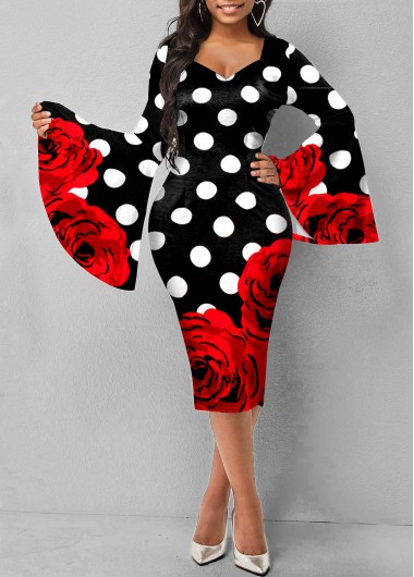 Rosewe Black Dresses Polka Dot Flare Sleeve Sweetheart Neckline Dress - M