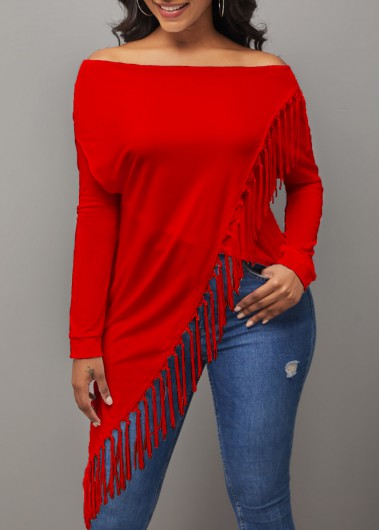 Rosewe Off Shoulder Tassel Asymmetric Hem Red T Shirt - L