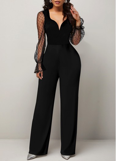 Rosewe Mesh Stitching Polka Dot Black Jumpsuit - XL