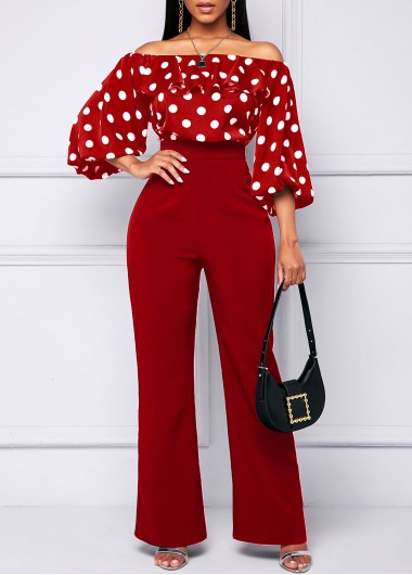 Rosewe Flounce Polka Dot Off Shoulder Red Jumpsuit - XXL