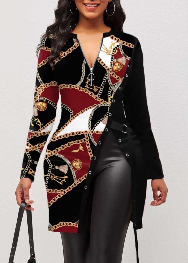 Rosewe Grommet Quarter Zip Chain Print Blouse - XL