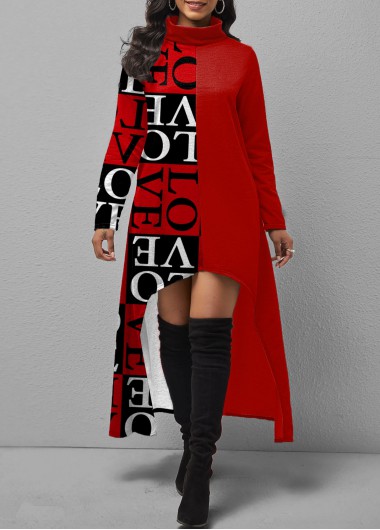 Rosewe Cocktail Party Dress Letter Print Turtleneck Dip Hem Red Dress - M