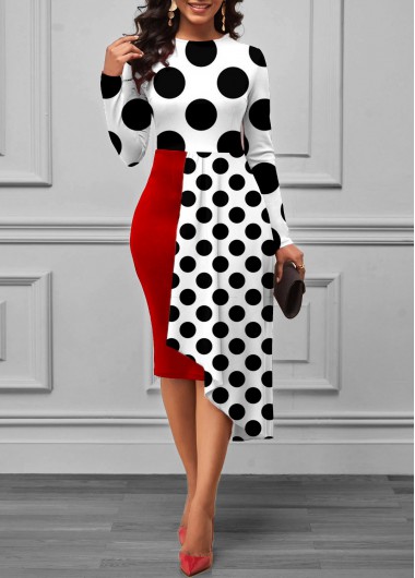 Rosewe White Dresses Polka Dot White Long Sleeve Dress - M