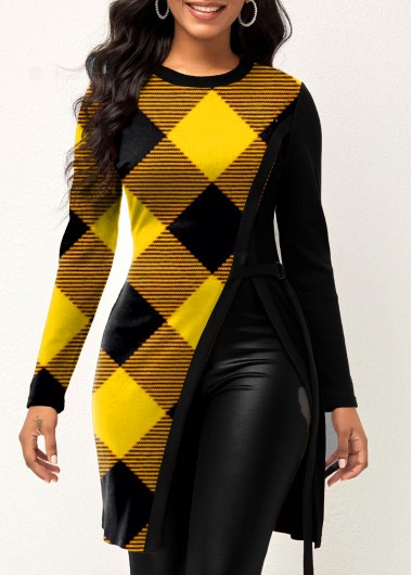 Rosewe Plaid Yellow Side Slit Round Neck T Shirt - XL