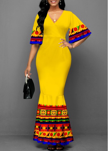 Rosewe Cocktail Party Dress Tribal Print Yellow V Neck Butterfly Sleeve Mermaid Dress - M