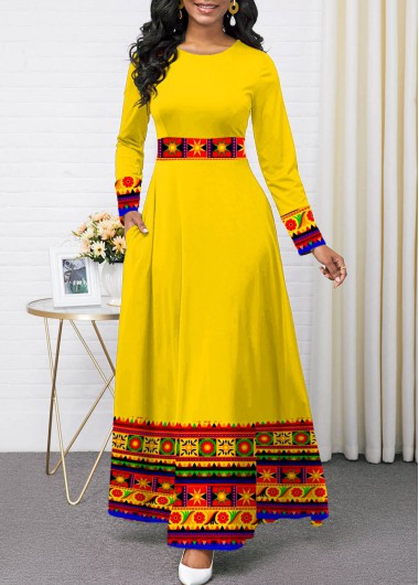 Rosewe Cocktail Party Dress Tribal Print Yellow Long Sleeve Maxi Dress - M