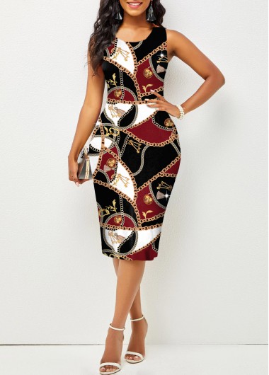 Rosewe Wedding Guest Dress Contrast Printed Sleeveless Round Neck Bodycon Dress - S