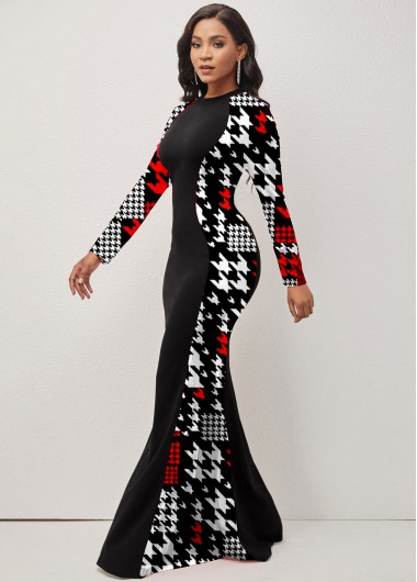Rosewe Black Dresses Black Houndstooth Print Round Neck Dress - M