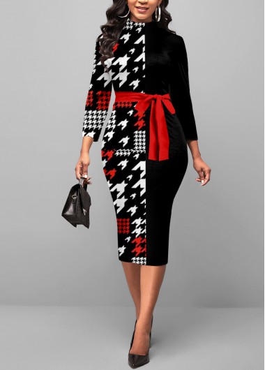 Rosewe Black Dresses Black Belted Bowknot Houndstooth Print Dress - S