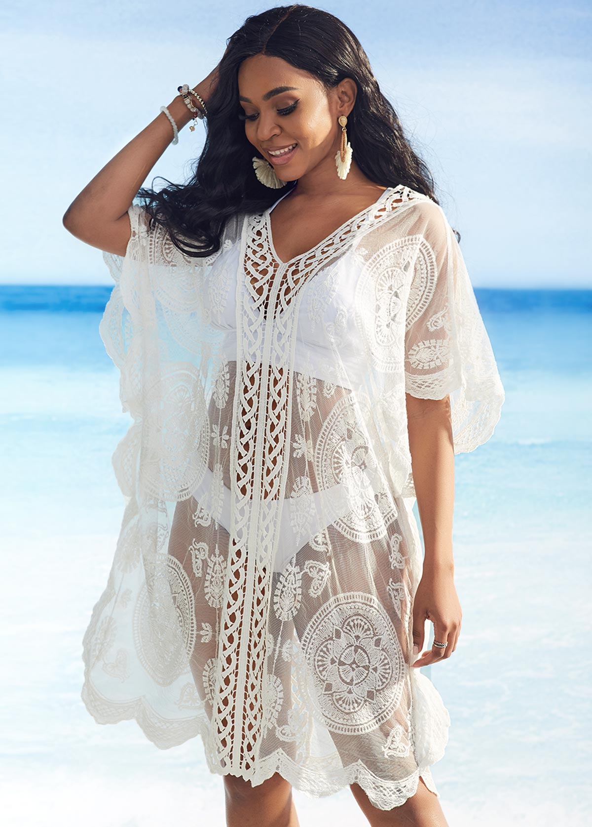 V Neck Lace Trim White Cover Up