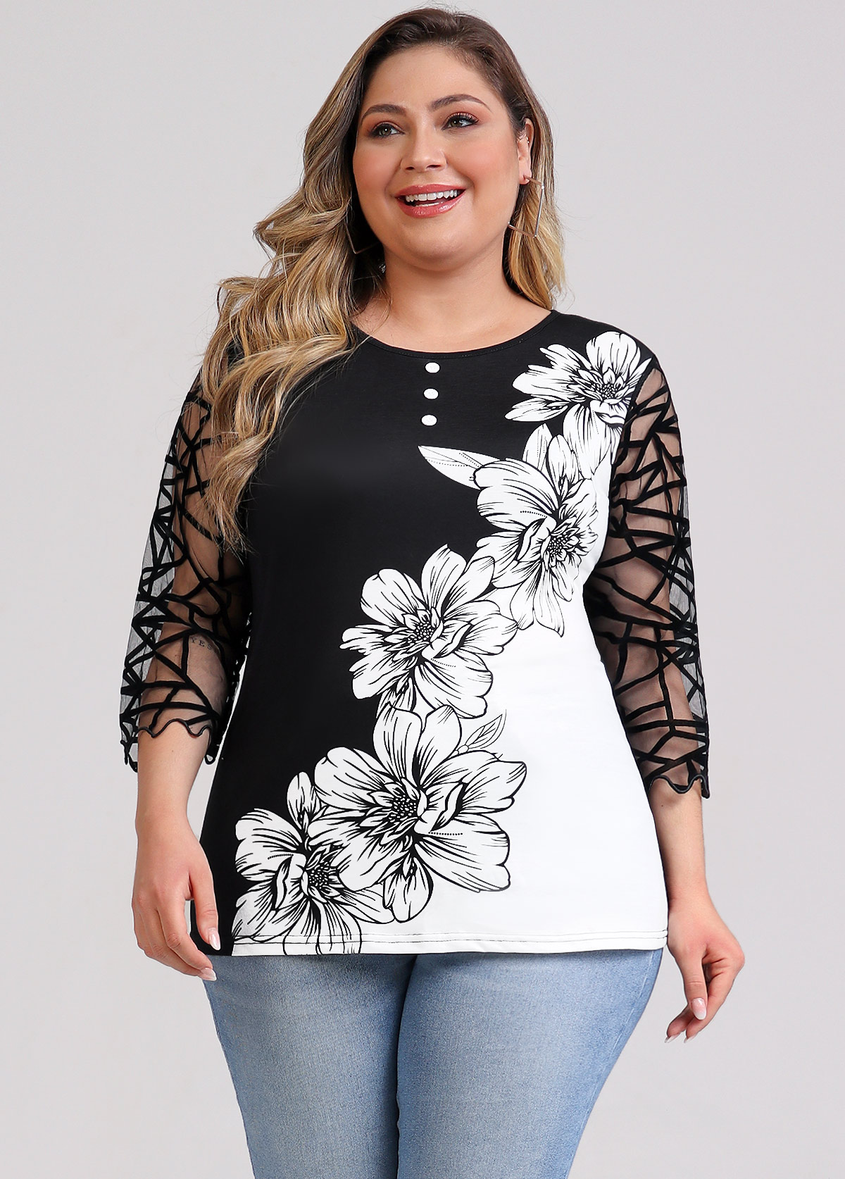 Mesh Stitching Floral Print Black Plus Size T Shirt