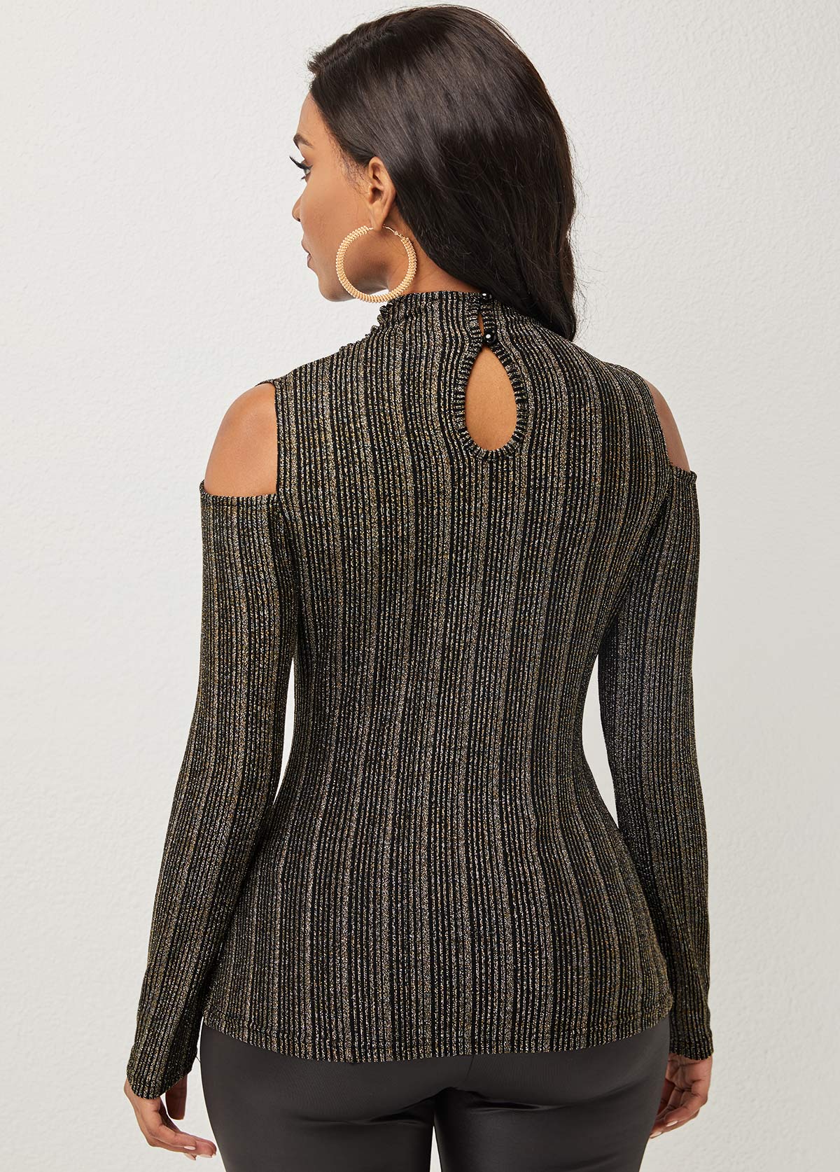 Cold Shoulder Long Sleeve Striped T Shirt