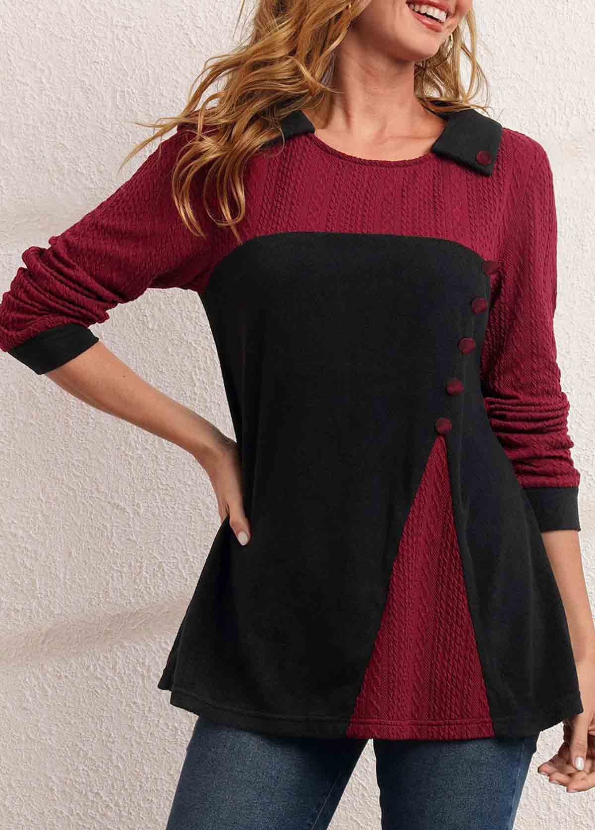 Decorative Button Contrast Long Sleeve T Shirt