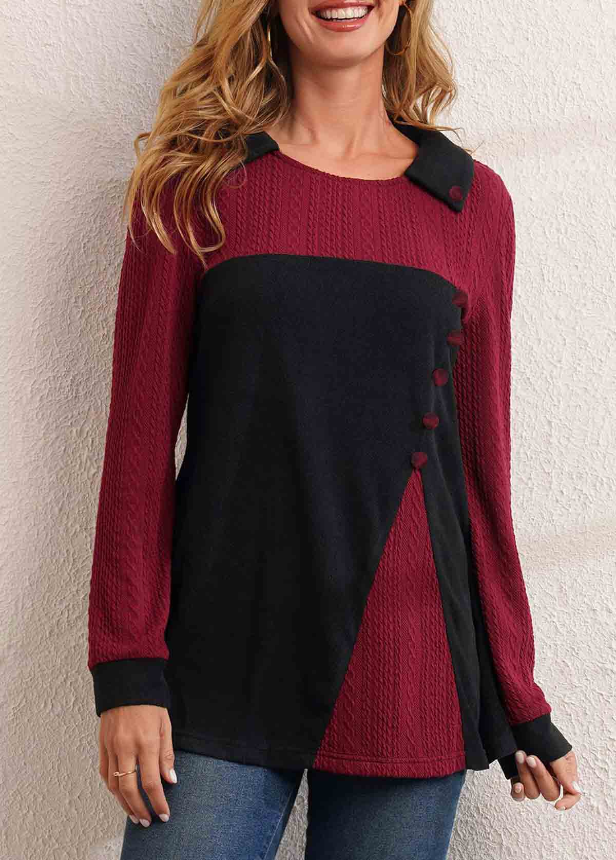 Decorative Button Contrast Long Sleeve T Shirt