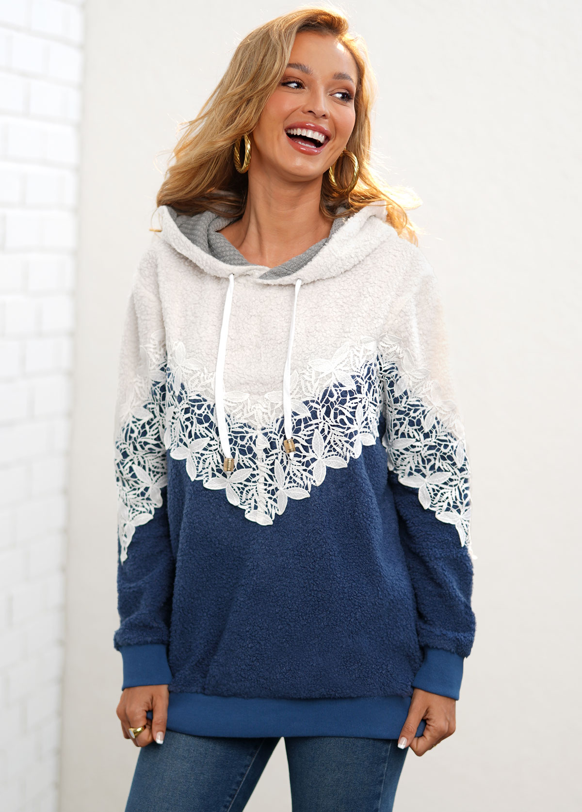 Color Block Lace Stitching Drawstring Detail Hoodie