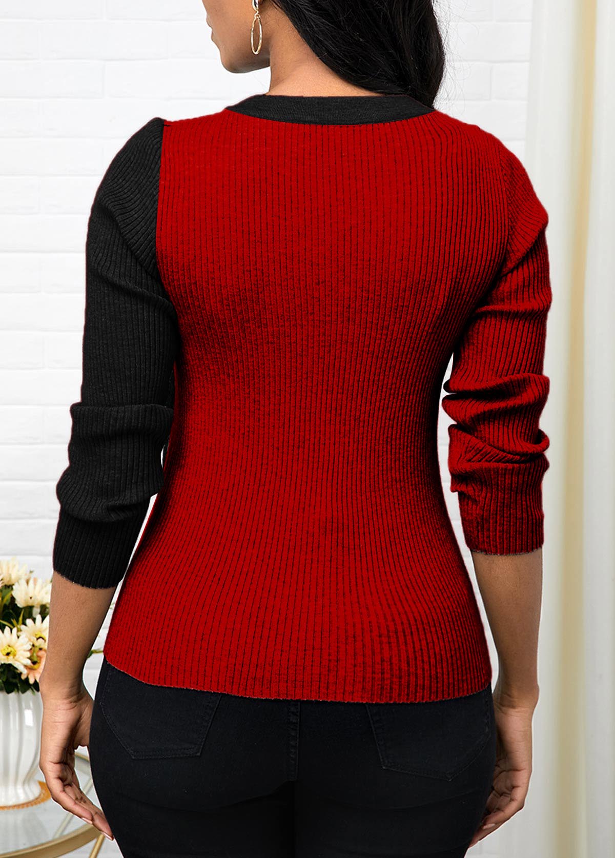 Long Sleeve Asymmetrical Neck Patchwork Sweater