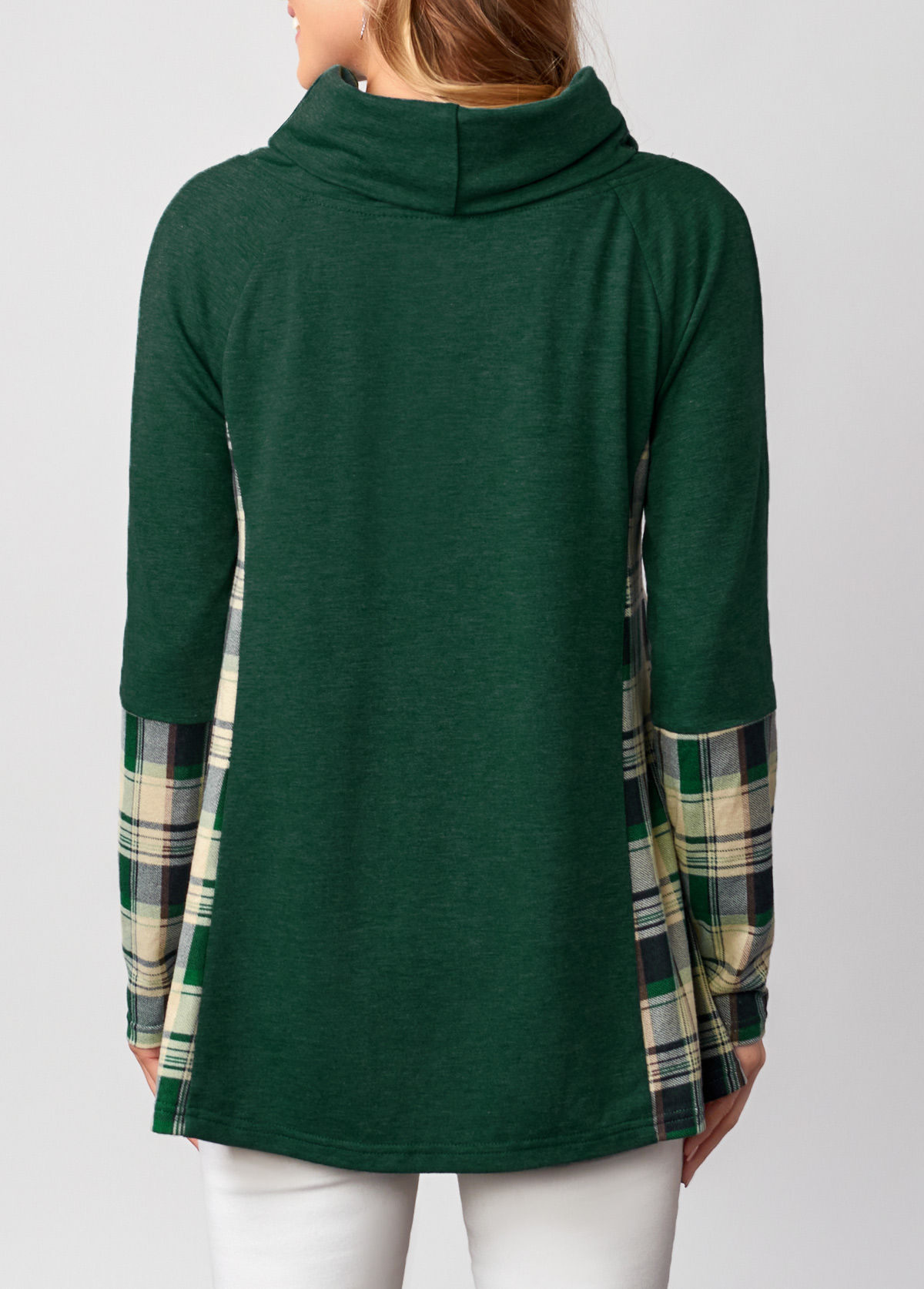Dark Green Plaid Cowl Neck T Shirt