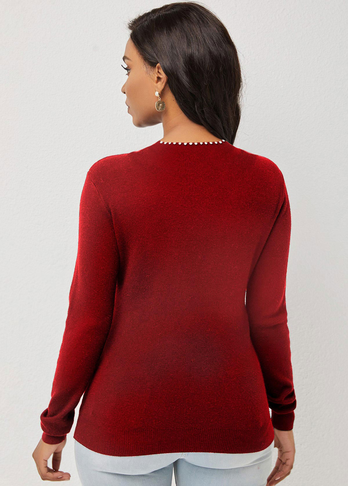Pearl Detail Keyhole Neckline Wine Red Sweater