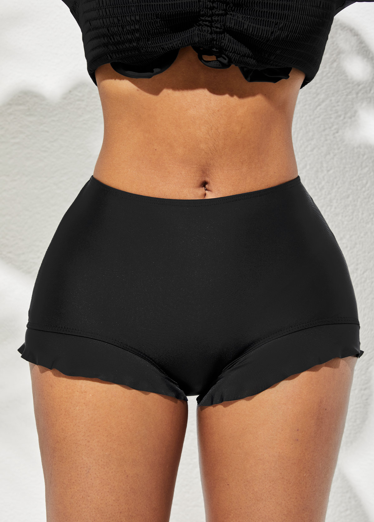 Mid Waist Flounce Black Long Sleeve Bikini Set