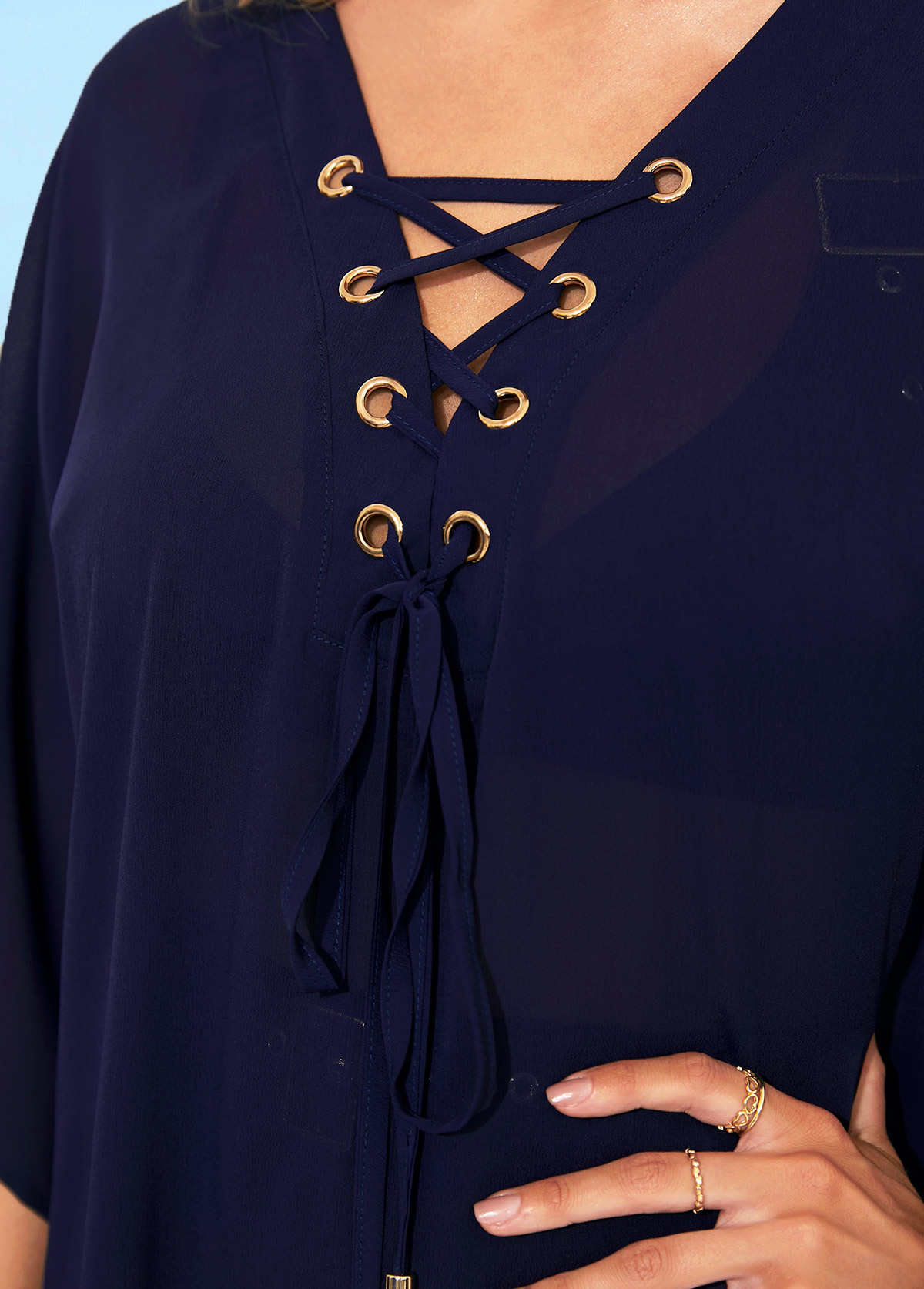 Tie Front Grommet Navy Blue Cover Up