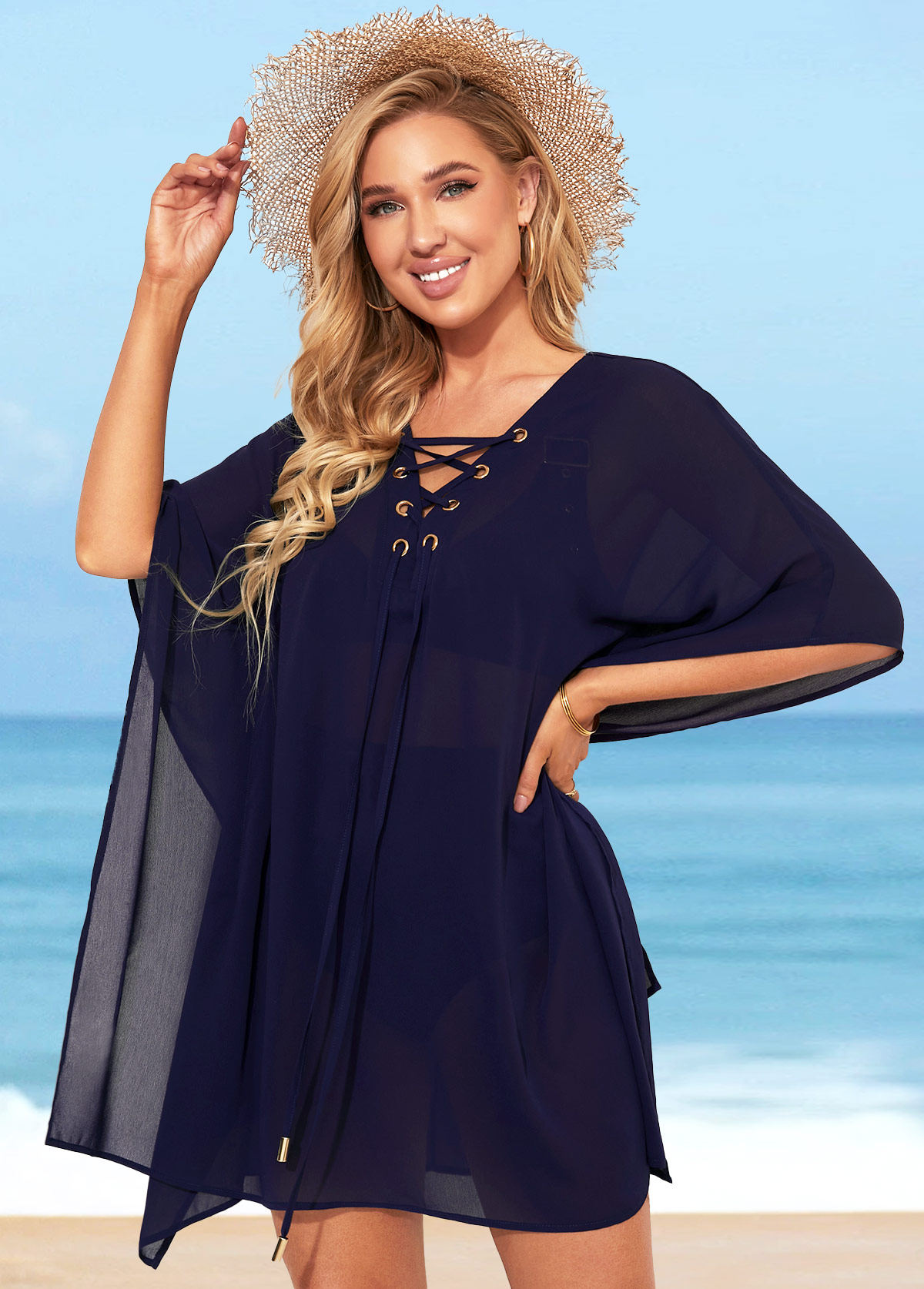 Tie Front Grommet Navy Blue Cover Up