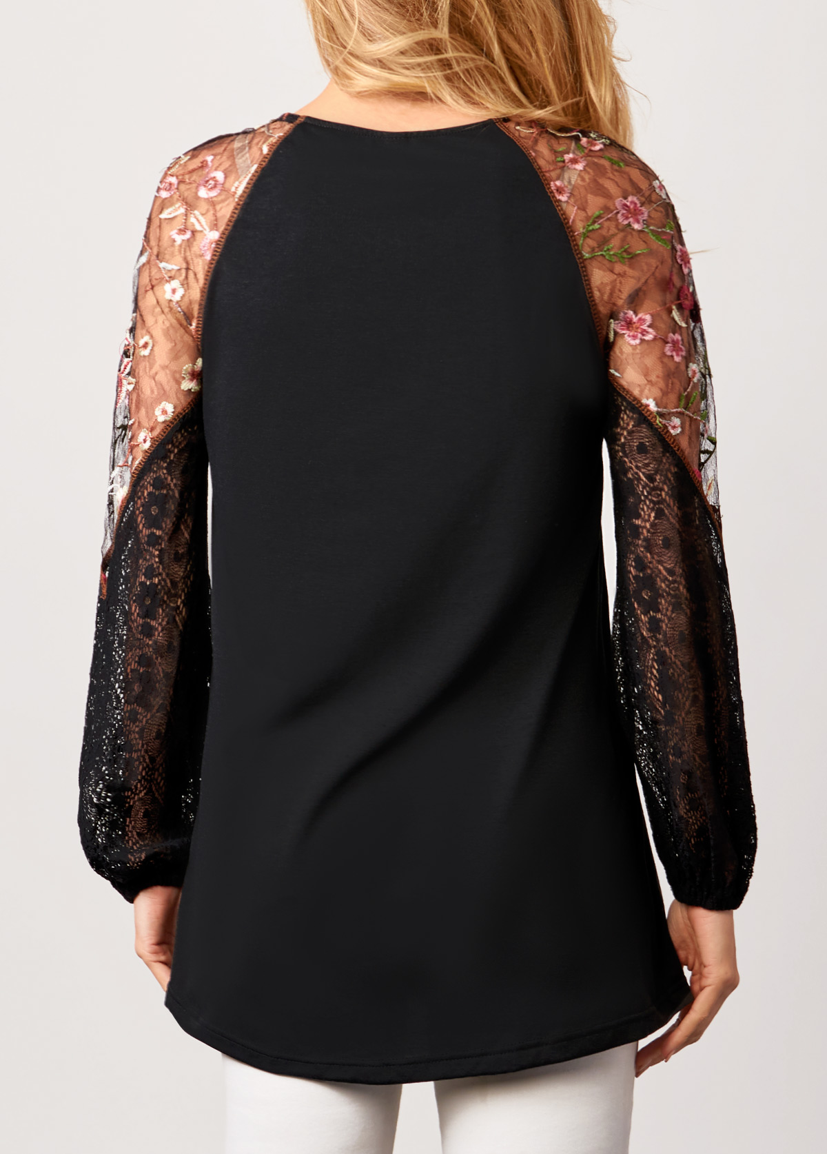 Lace Stitching Black Long Sleeve Blouse