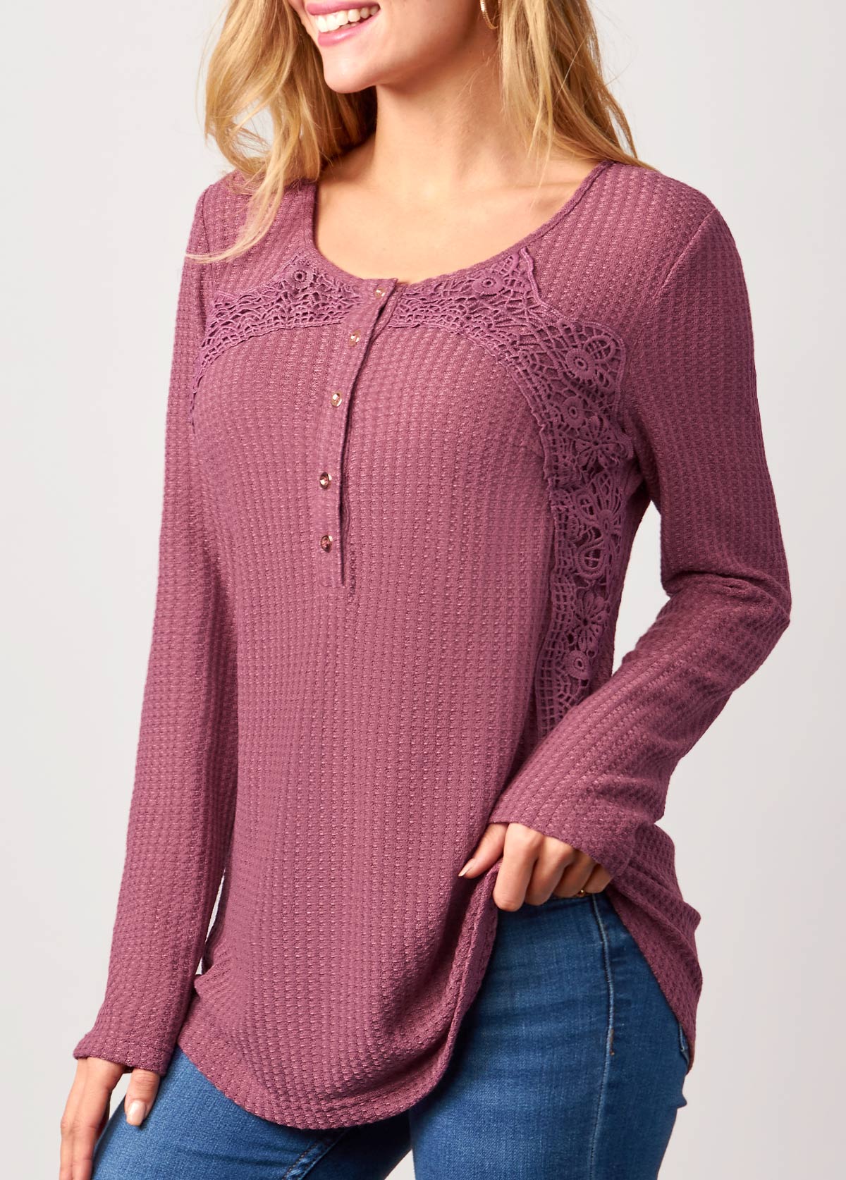 Waffle Knit Lace Patchwork Dusty Pink T Shirt