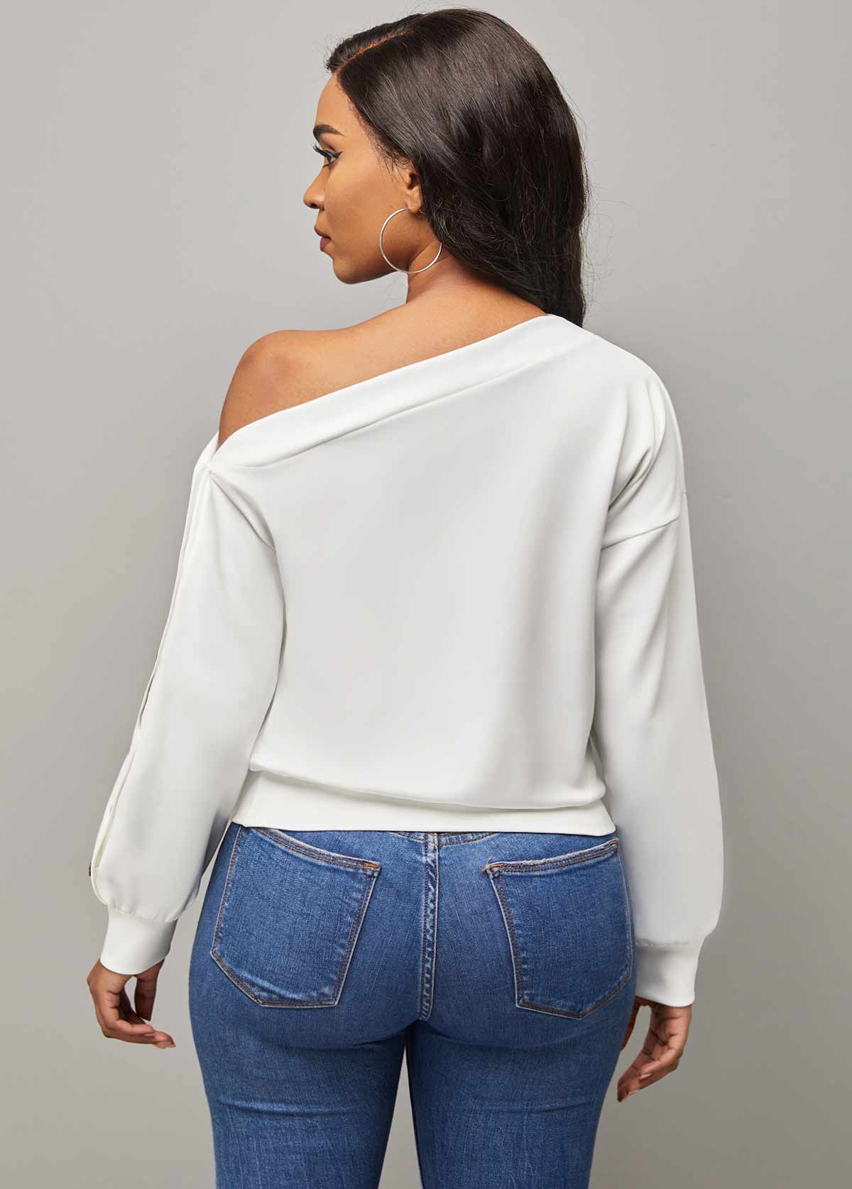 White Off Shoulder Decorative Button Sweatshirt