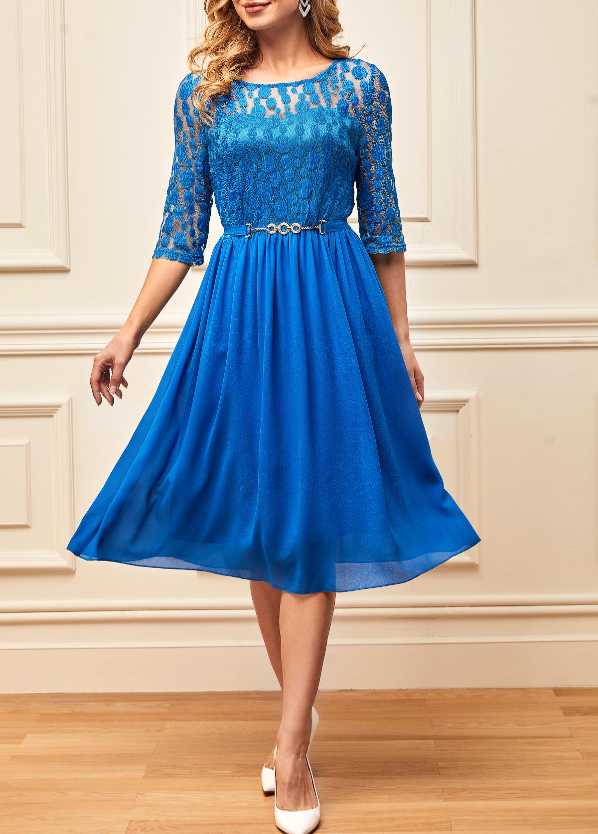Lace Stitching 3/4 Sleeve Round Neck Blue Dress