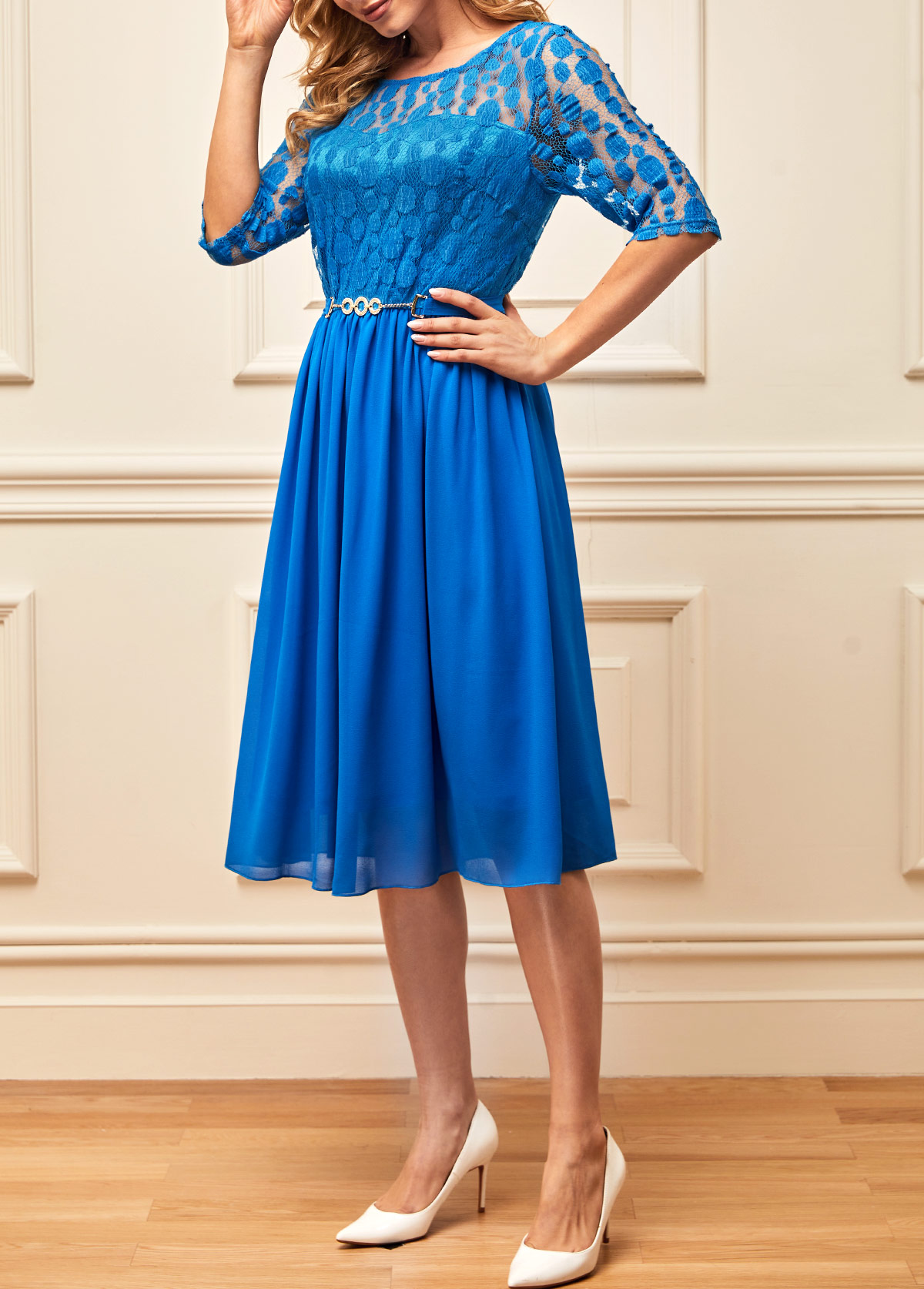 Lace Stitching 3/4 Sleeve Round Neck Blue Dress