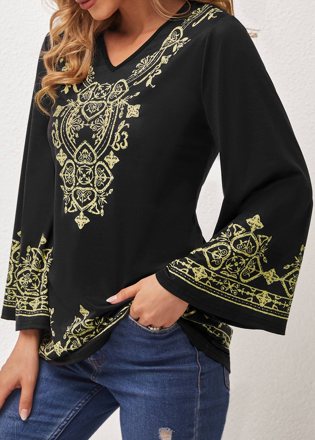 Tribal Print Black V Neck T Shirt