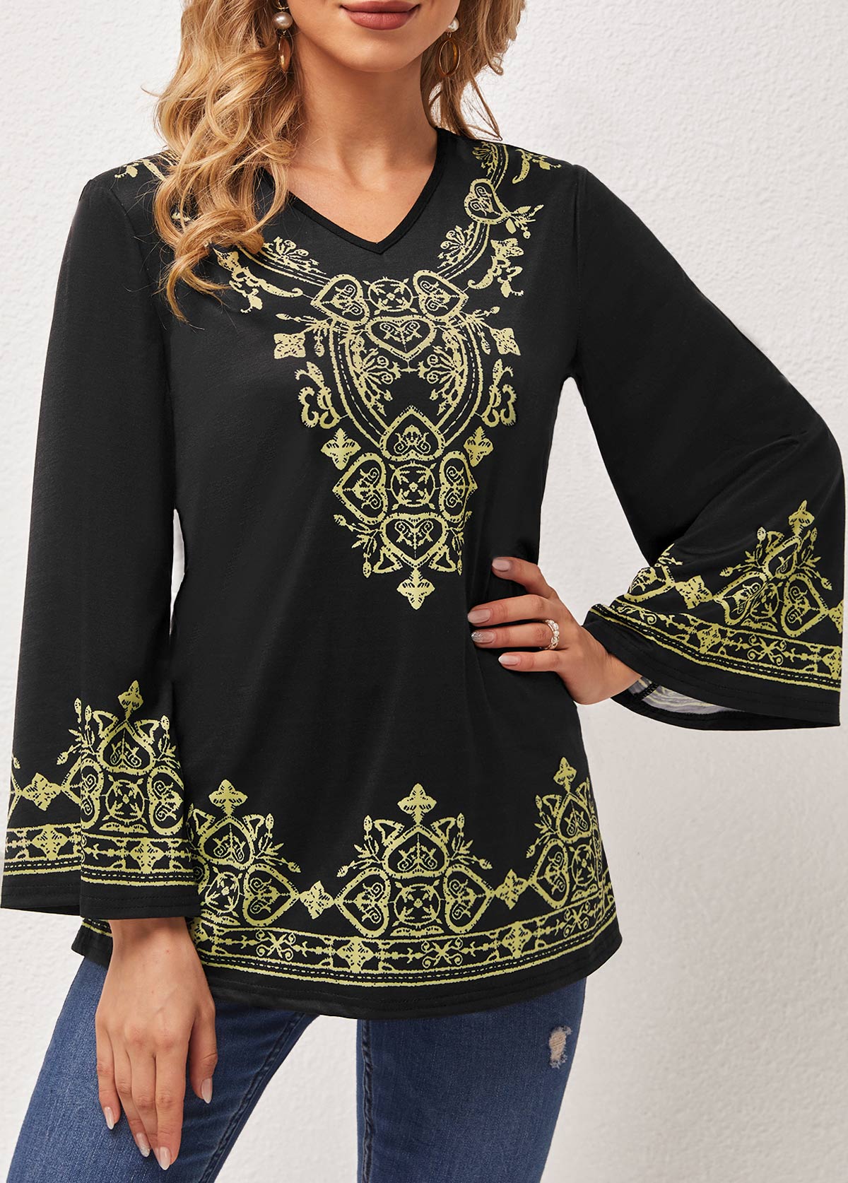 Tribal Print Black V Neck T Shirt